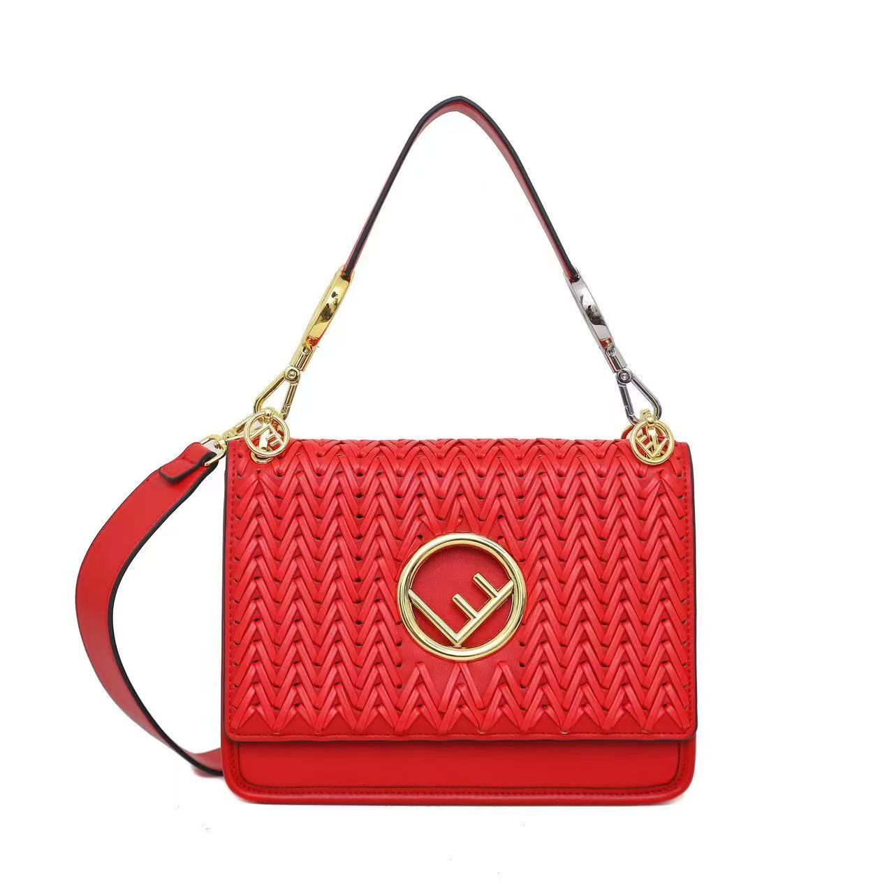 Woven Leather Flap Shoulder & Crossbody Bag With Circular Metallic Emblem Clasp
