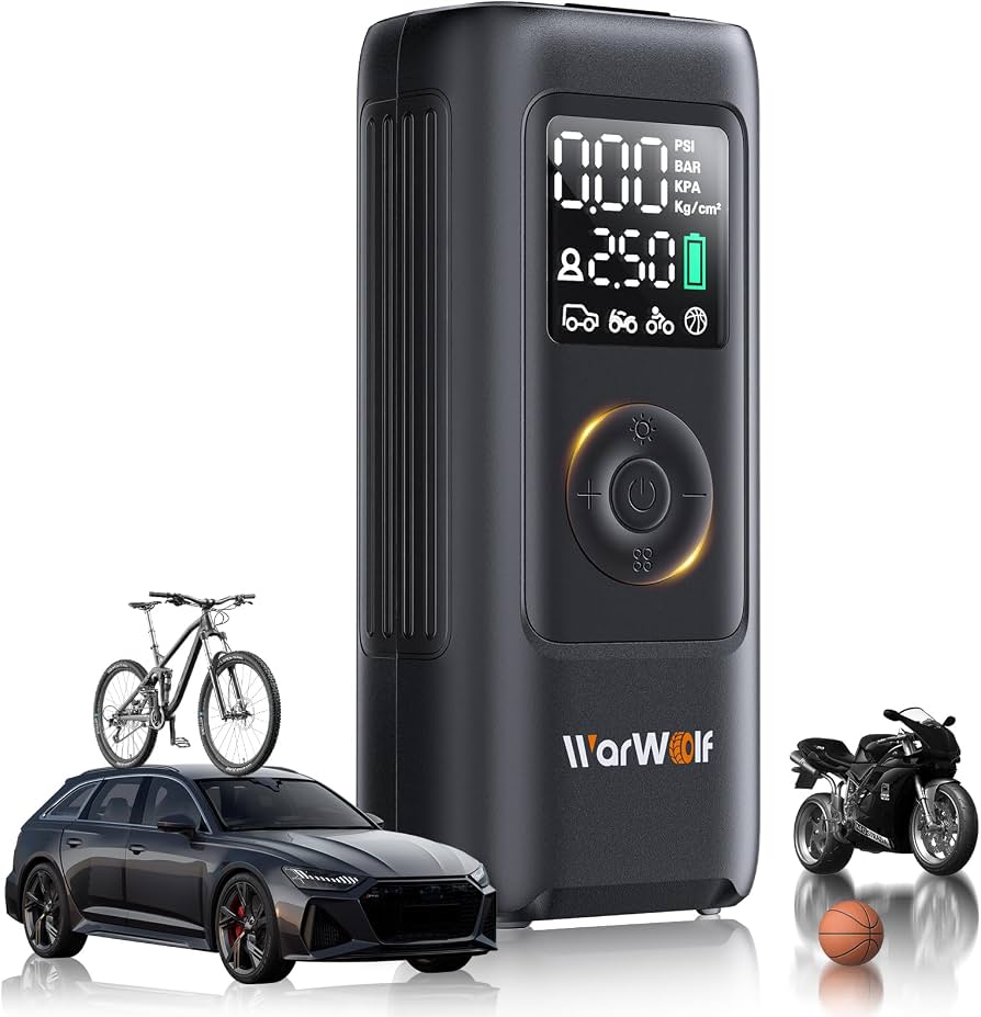 Warwolf Lp25 Portable Air Pump 10000Mah — 2-160 Psi Cordless Tire Inflator, Dual Power 12V Dc, Digital Lcd Pressure Gauge, Led Light & Emergency Power Bank