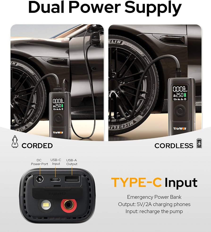 Warwolf Lp25 Portable Air Pump 10000Mah — 2-160 Psi Cordless Tire Inflator, Dual Power 12V Dc, Digital Lcd Pressure Gauge, Led Light & Emergency Power Bank thumbnail 3