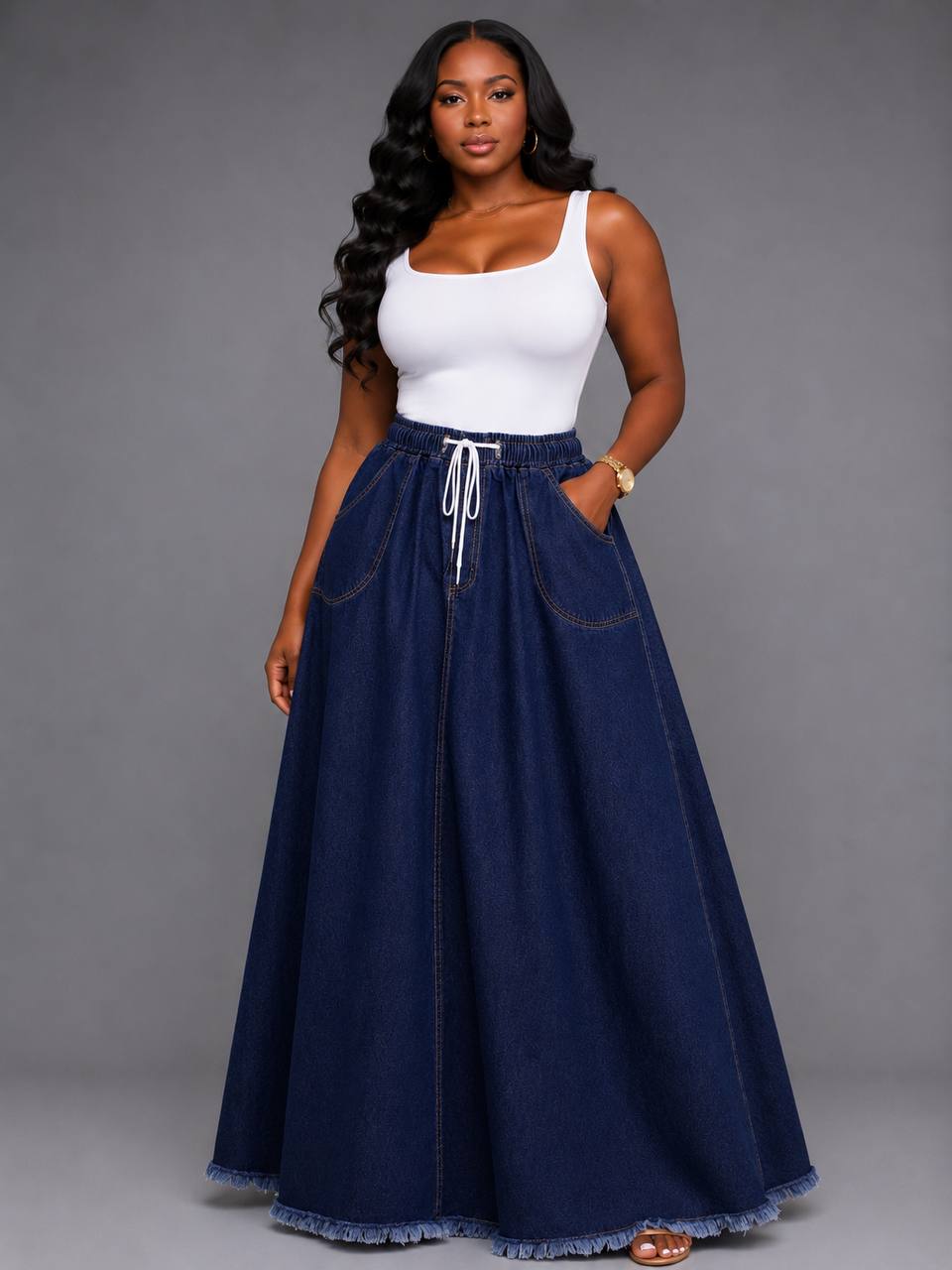 Women's High-Waist Drawstring Denim Maxi Skirt With Raw Raw-Hem