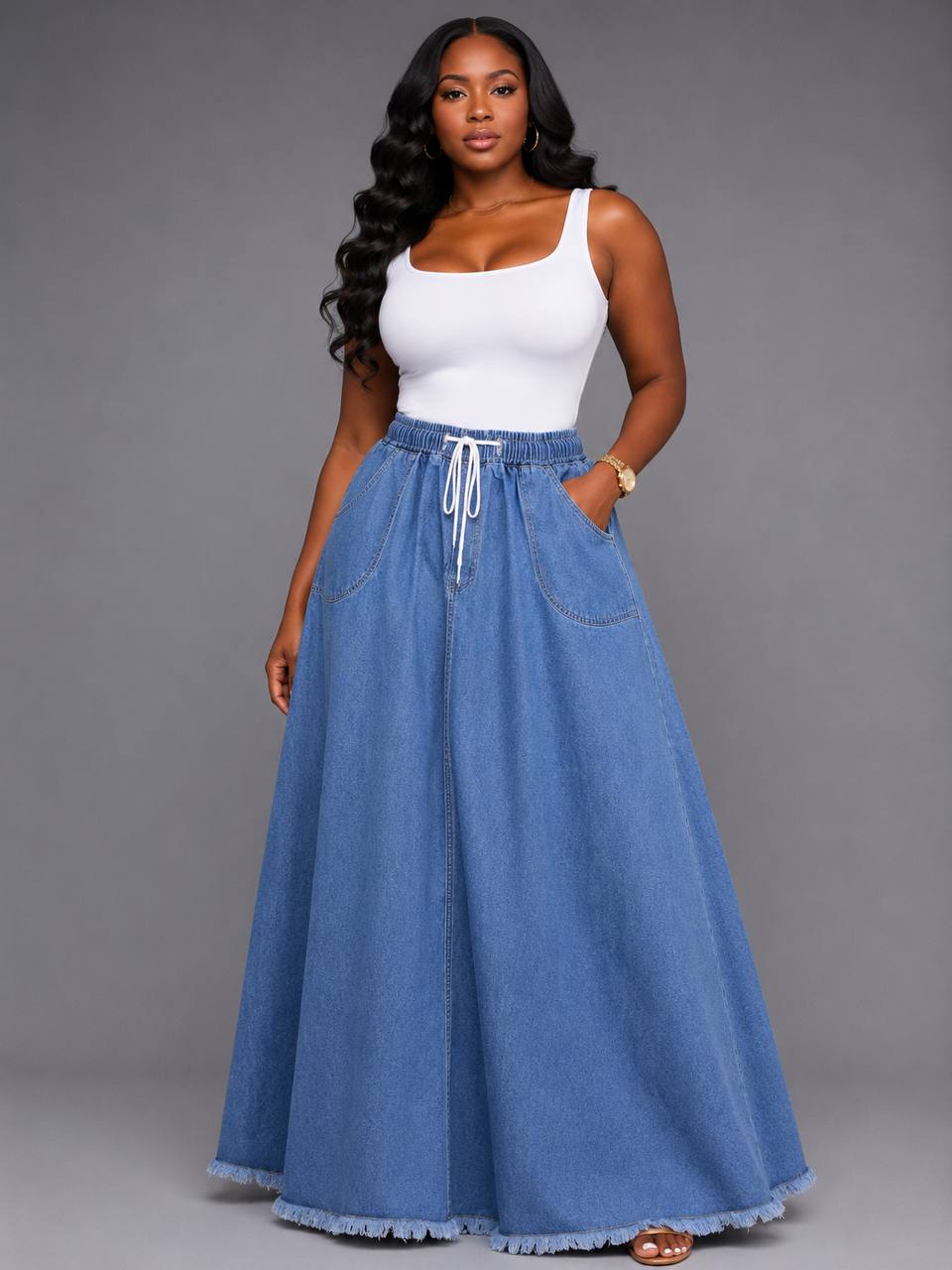Women's High-Waist Drawstring Denim Maxi Skirt With Raw Raw-Hem - Mid-Wash / Light Blue