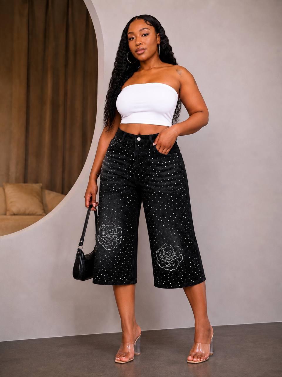 Women's Rhinestone Rose Embellished Black Denim Jorts / Longline Shorts