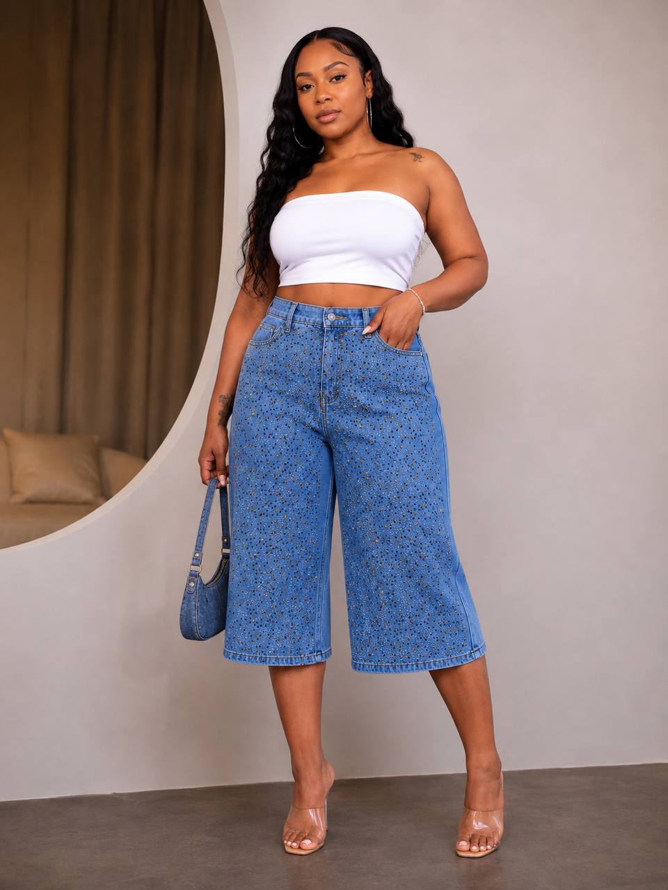 Women's Rhinestone Embellished Blue Denim Jorts / Wide-Leg Shorts