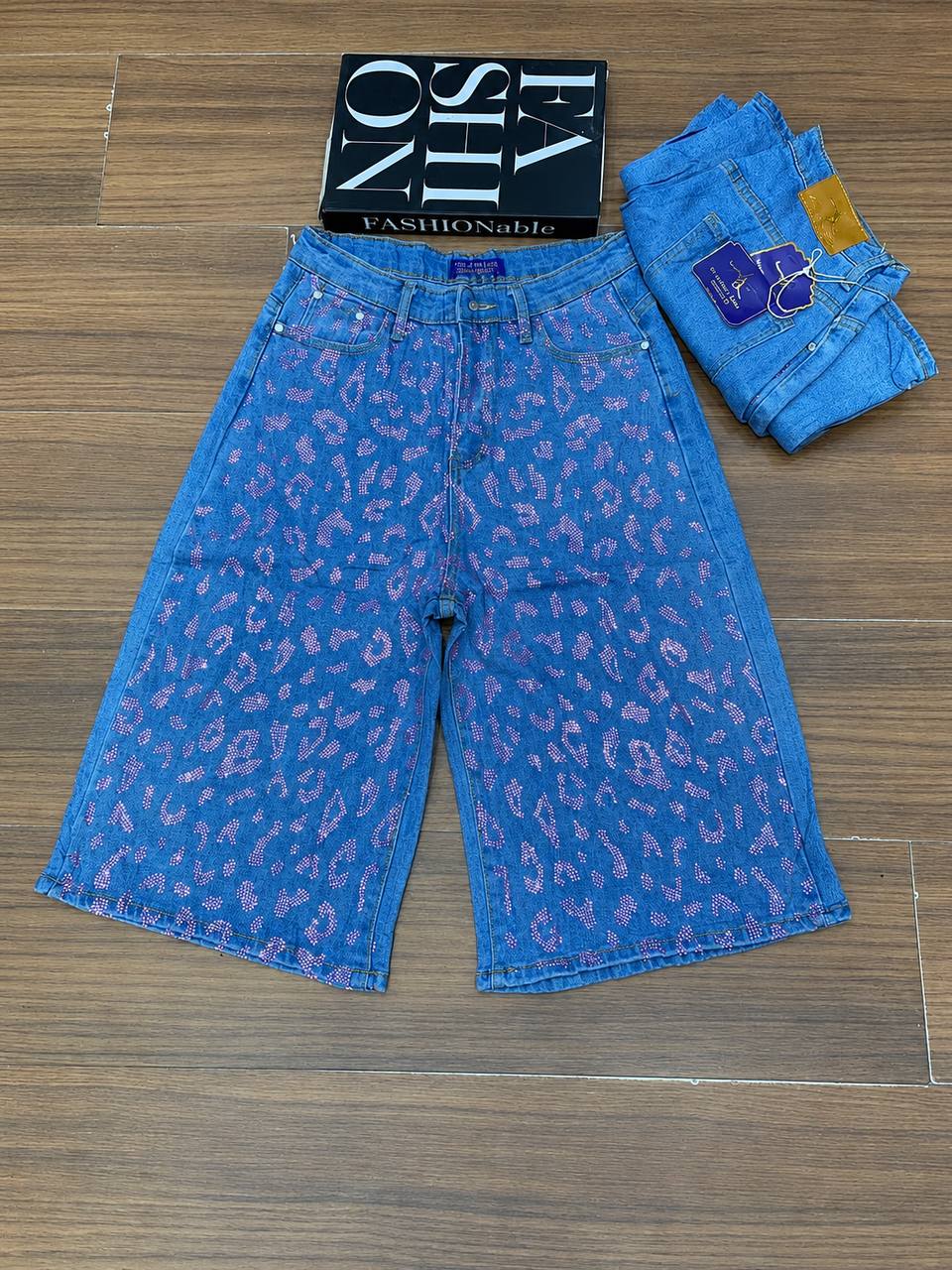 Women's Rhinestone Embellished Blue Denim Jorts / Wide-Leg Shorts thumbnail 2