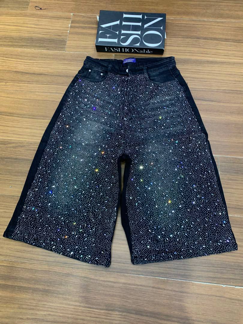 Women's Sparkly Rhinestone Studded Black Denim Jorts / Wide-Leg Shorts thumbnail 2