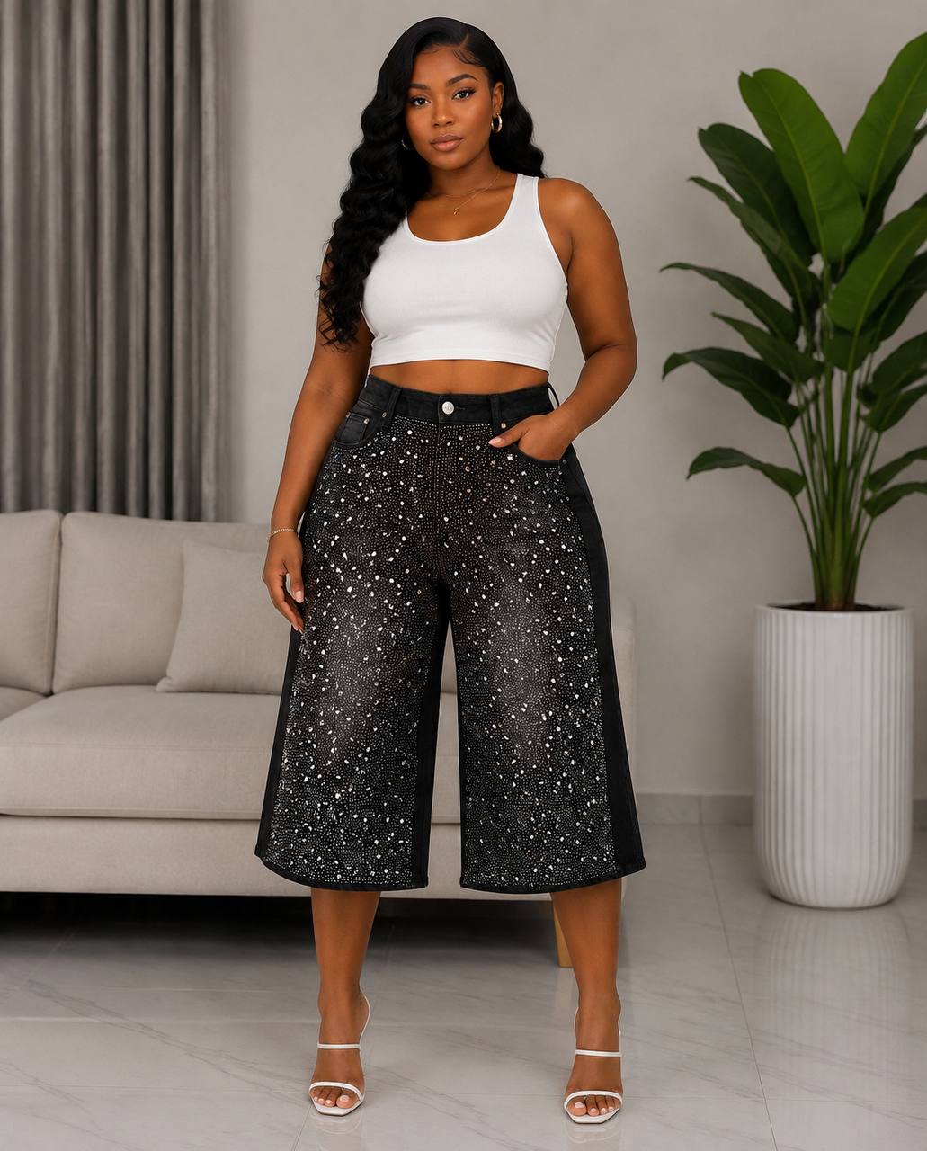 Women's Sparkly Rhinestone Studded Black Denim Jorts / Wide-Leg Shorts