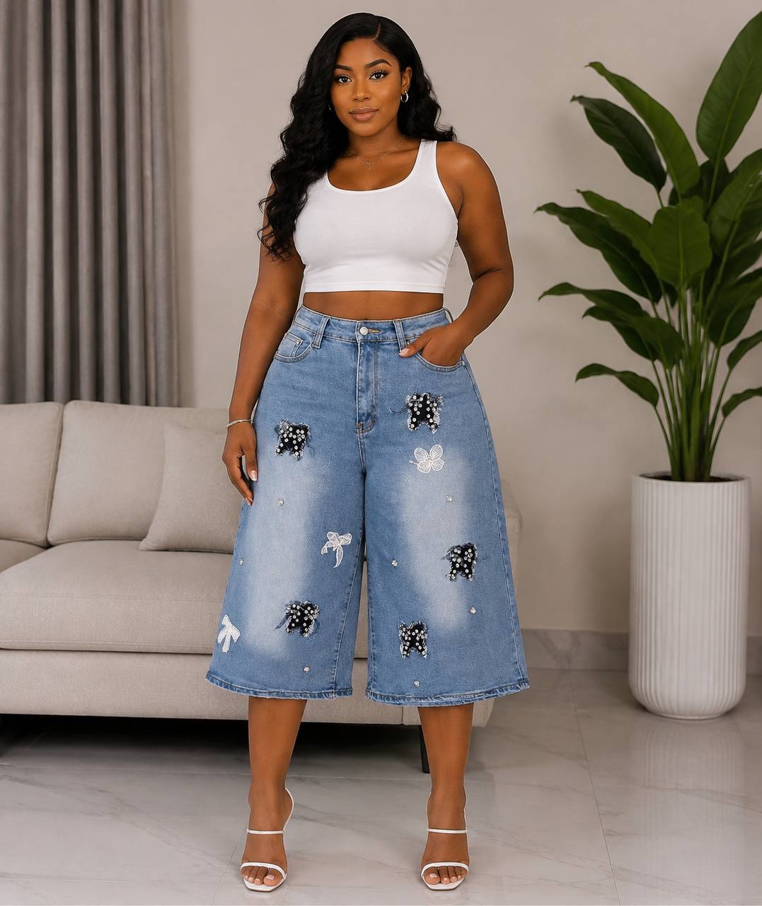 Women's Distressed Pearl & Butterfly Embellished Denim Jorts / Wide-Leg Shorts