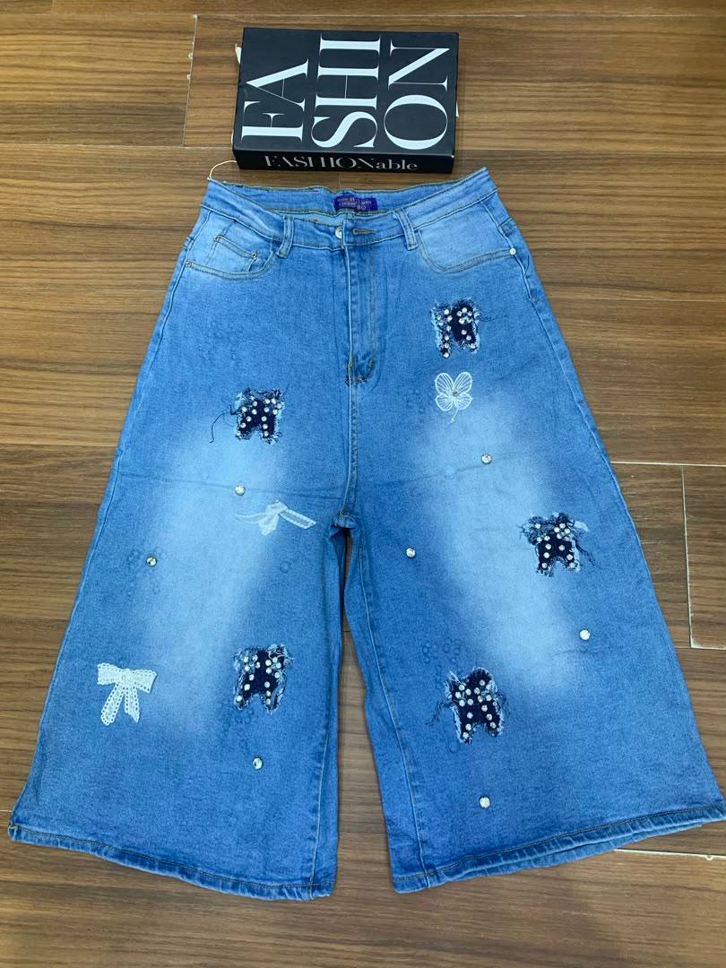 Women's Distressed Pearl & Butterfly Embellished Denim Jorts / Wide-Leg Shorts thumbnail 2
