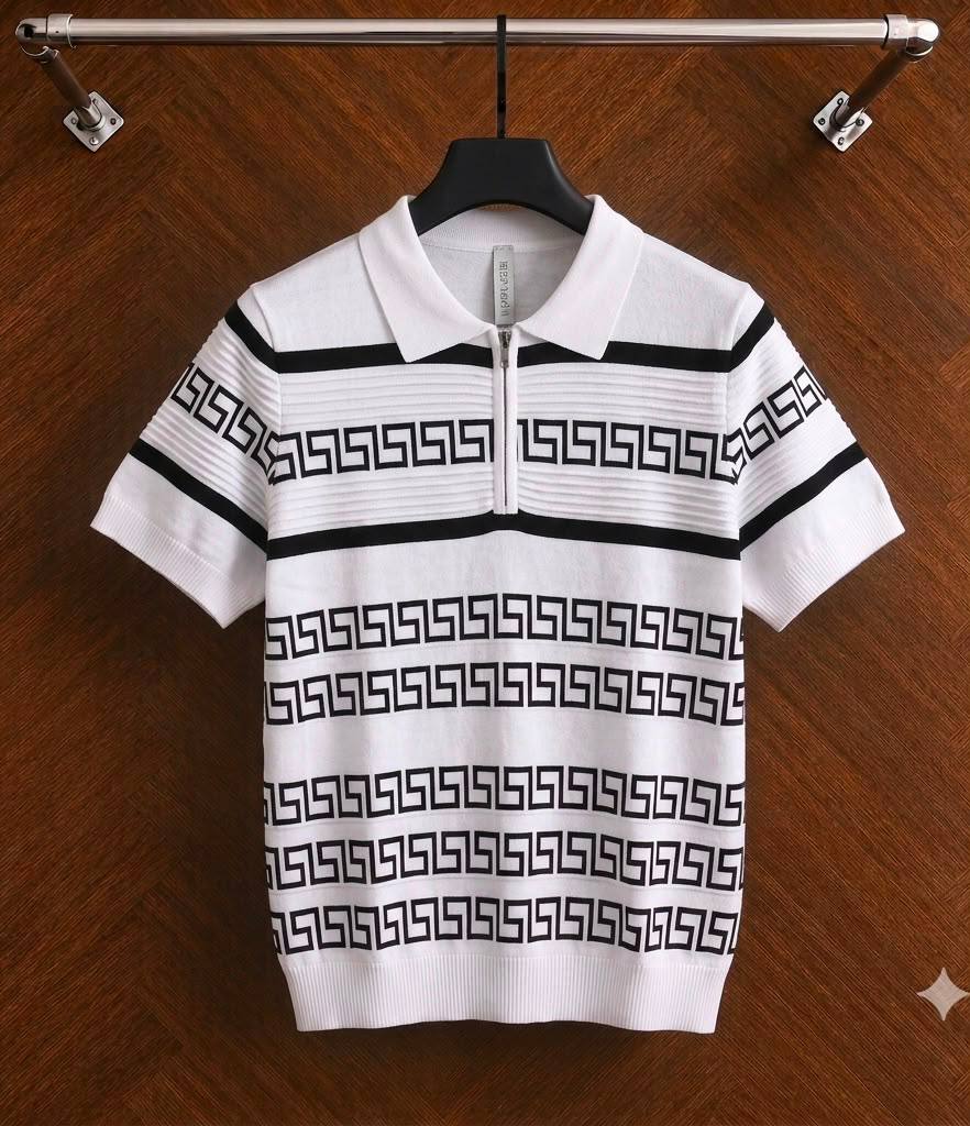 Men's Vintage Greek Key Jacquard Quarter-Zip Knit Polo Shirt