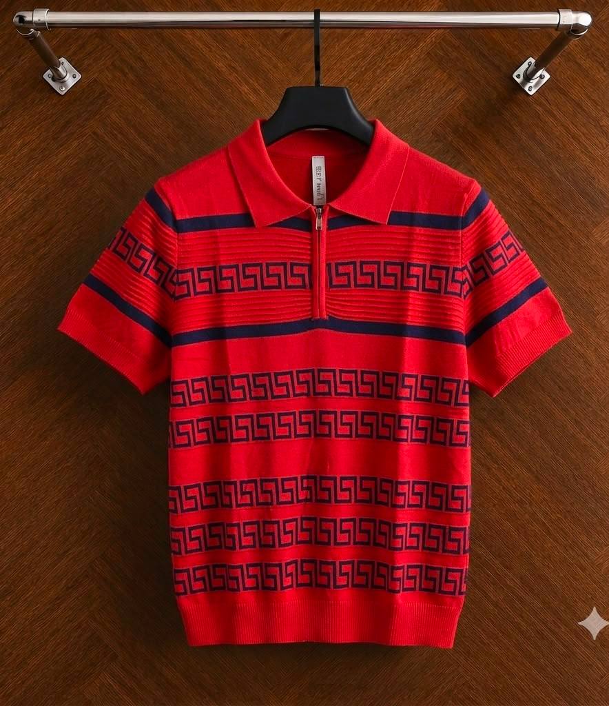 Men's Vintage Greek Key Jacquard Quarter-Zip Knit Polo Shirt - Bright Red / Navy