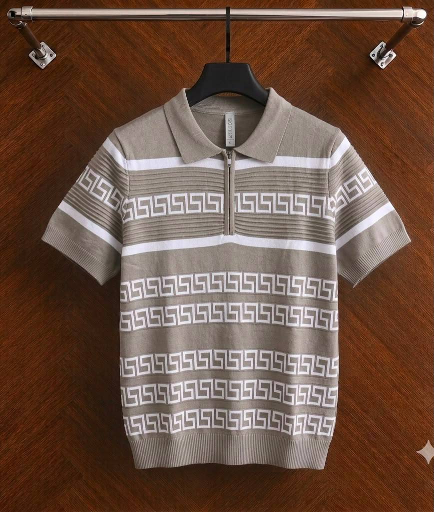 Men's Vintage Greek Key Jacquard Quarter-Zip Knit Polo Shirt - Beige / Cream