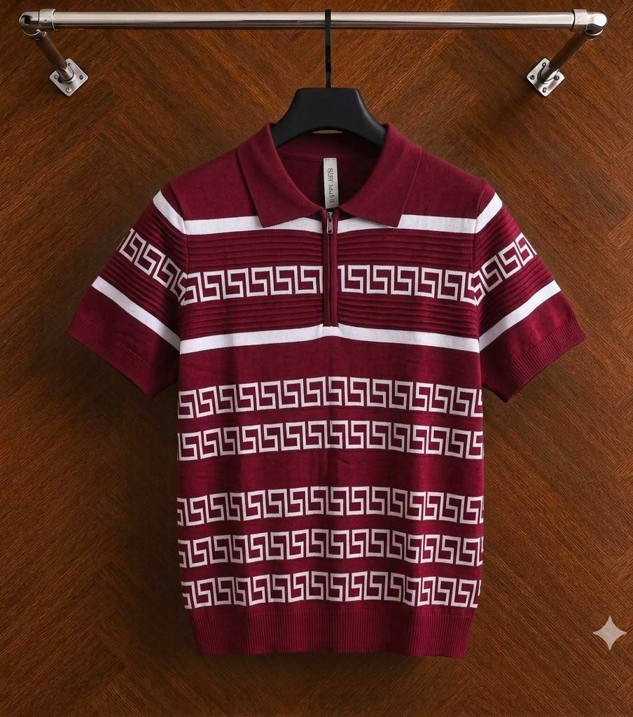 Men's Vintage Greek Key Jacquard Quarter-Zip Knit Polo Shirt - Burgundy / White