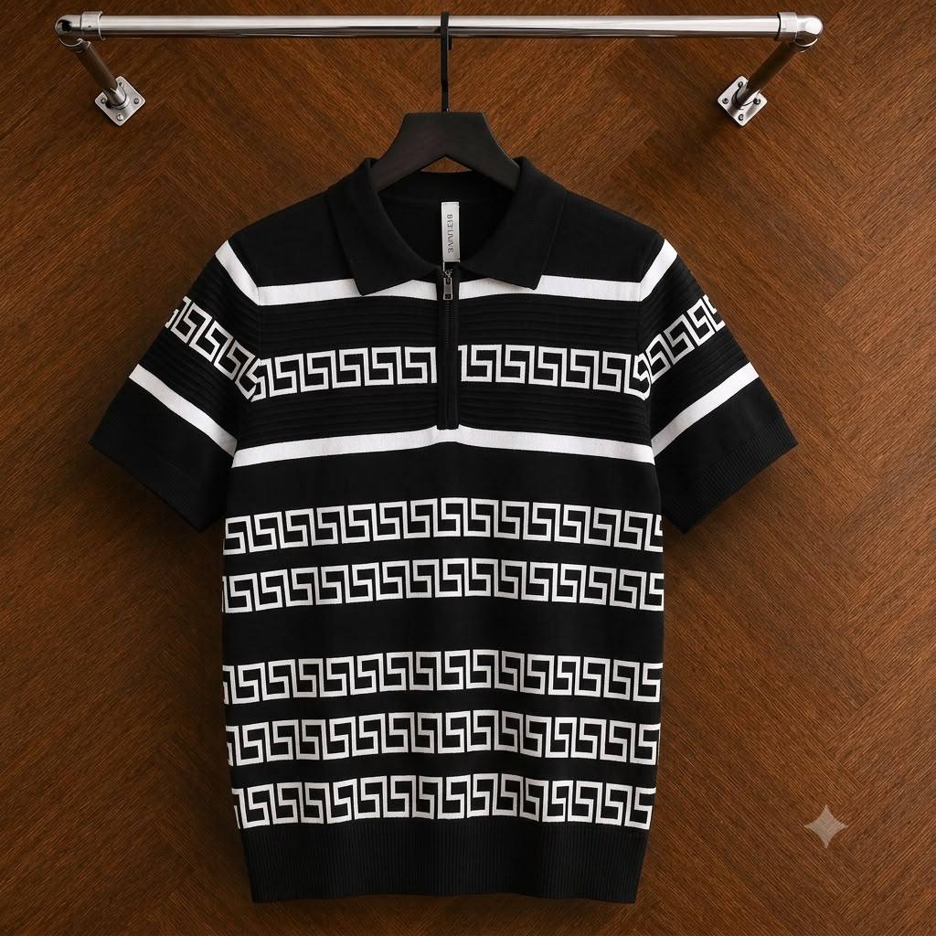 Men's Vintage Greek Key Jacquard Quarter-Zip Knit Polo Shirt - Black / White