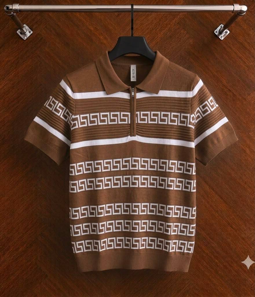 Men's Vintage Greek Key Jacquard Quarter-Zip Knit Polo Shirt - Brown / White
