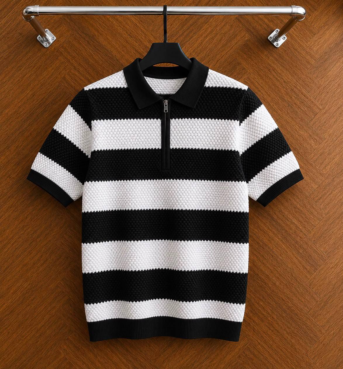 Men's Horizontal Striped Quarter-Zip Knit Polo Shirt: Black / White (Waffle Knit)