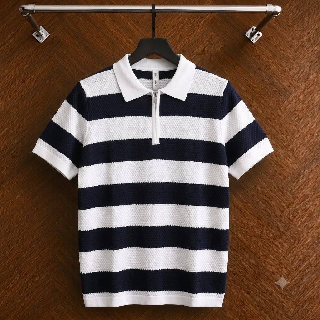 Men's Horizontal Striped Quarter-Zip Knit Polo Shirt: Navy / White (Waffle Knit)