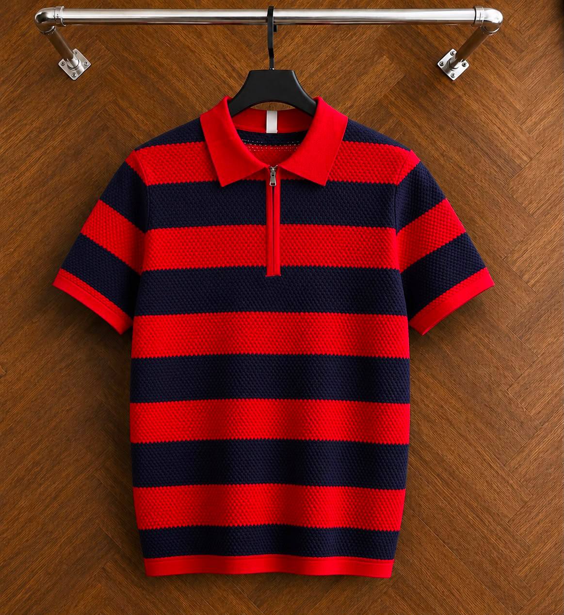 Men's Horizontal Striped Quarter-Zip Knit Polo Shirt: Red / Navy (Waffle Knit)