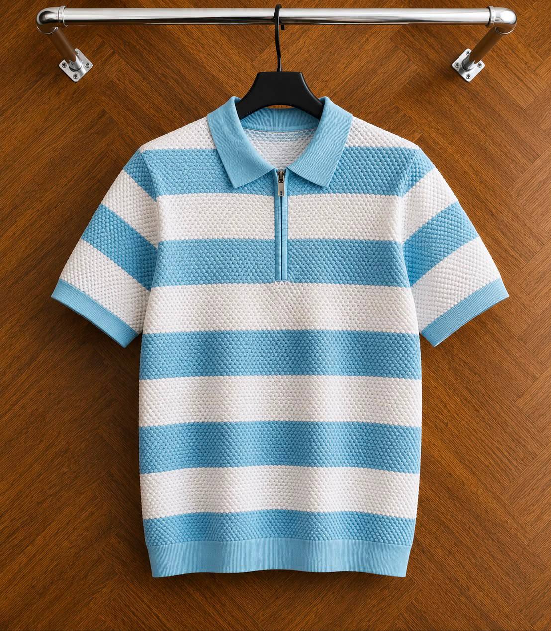 Men's Horizontal Striped Quarter-Zip Knit Polo Shirt: Sky Blue / White (Waffle Knit)