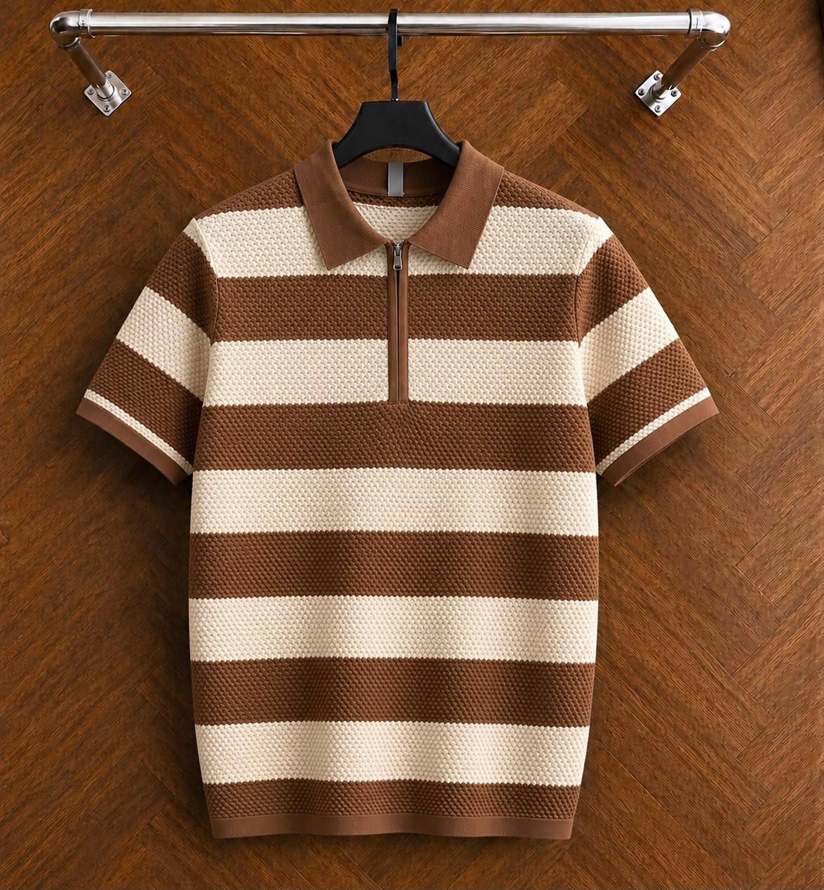 Men's Horizontal Striped Quarter-Zip Knit Polo Shirt: Brown / Beige (Waffle Knit)