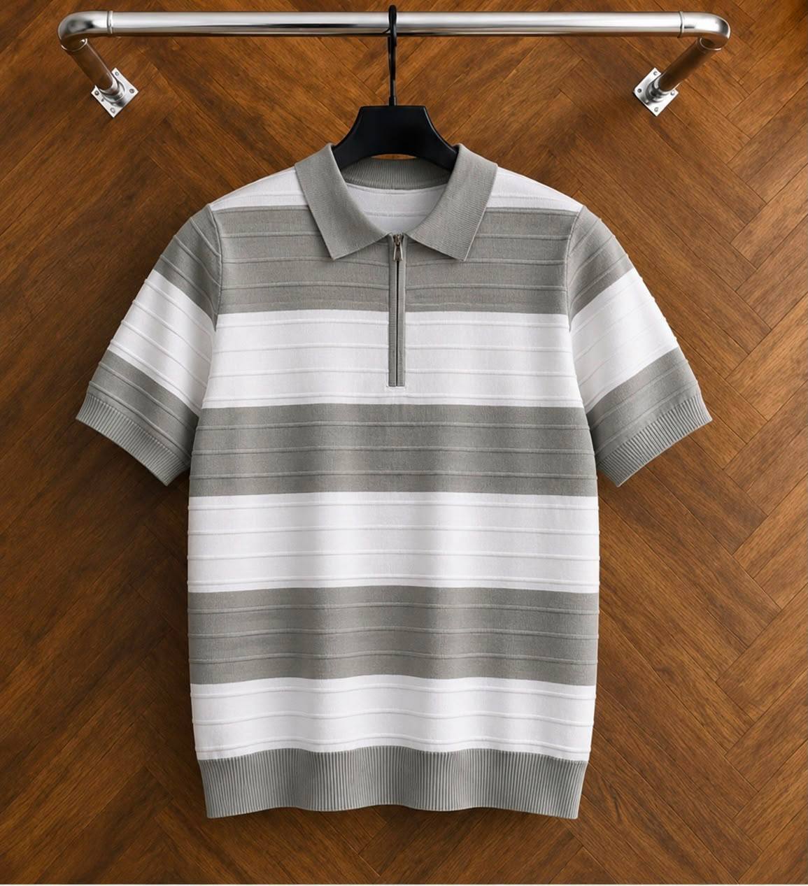 Men's Horizontal Striped Quarter-Zip Knit Polo Shirt: Grey / White (Ribbed Line Knit)