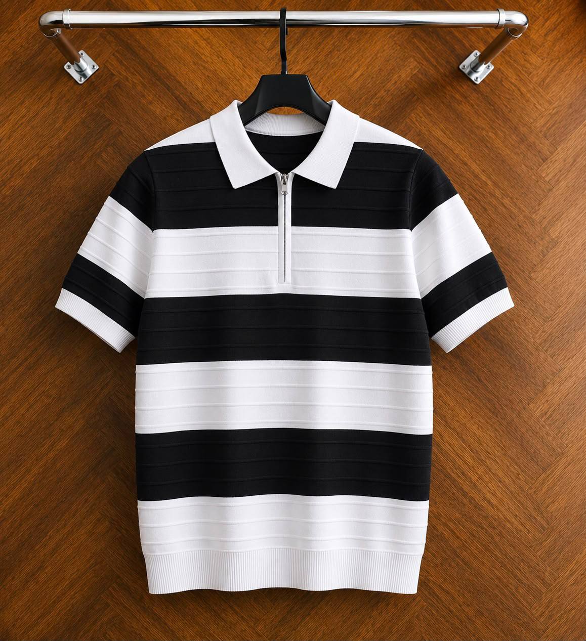 Men's Horizontal Striped Quarter-Zip Knit Polo Shirt: Black / White (Ribbed Line Knit)