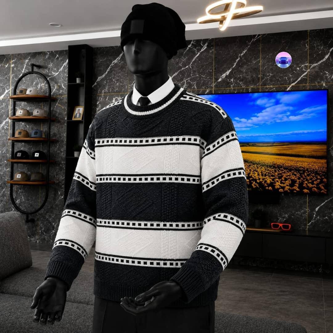 Men's Casual Crewneck Knit Sweaters - Black & White Filmstrip Block