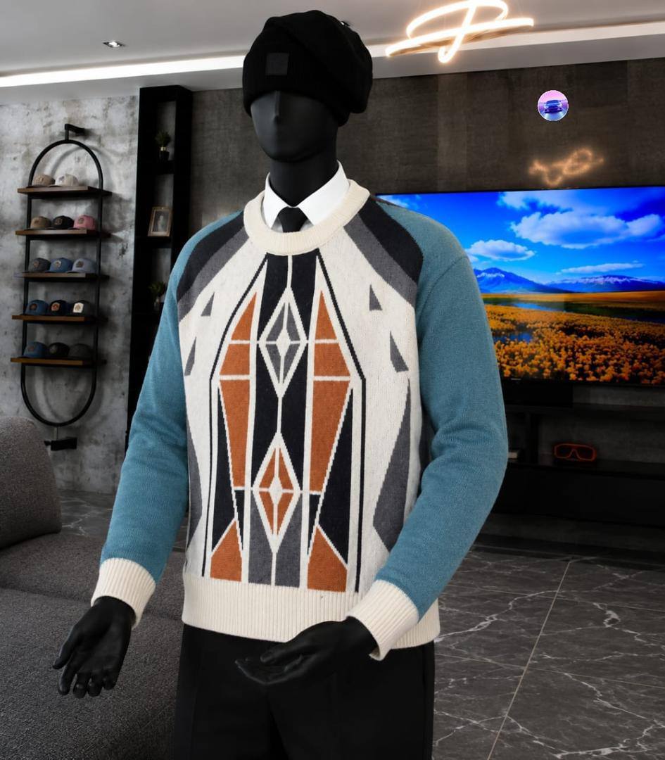 Men's Casual Crewneck Knit Sweaters - Geometric Diamond Knit (Teal/Orange/Cream)