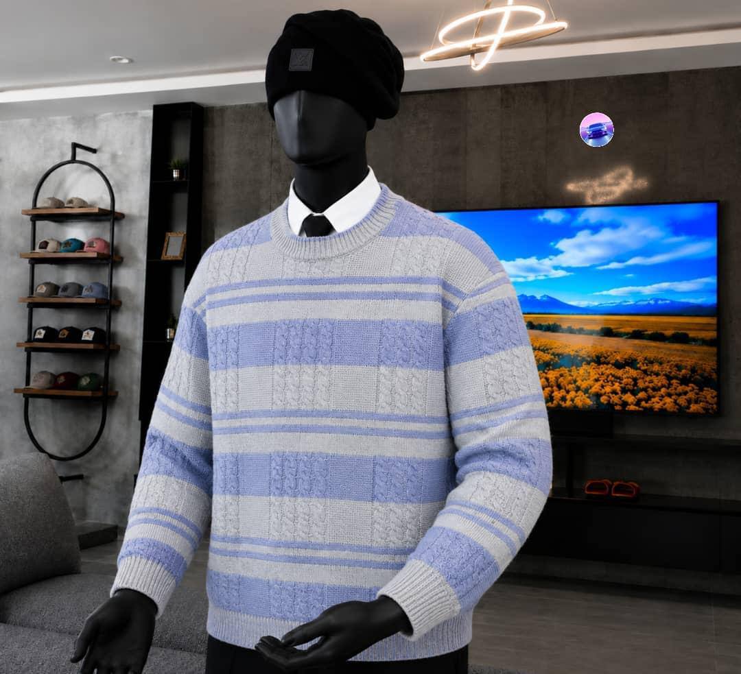Men's Casual Crewneck Knit Sweaters - Striped Cable-Knit (Lavender & Grey)