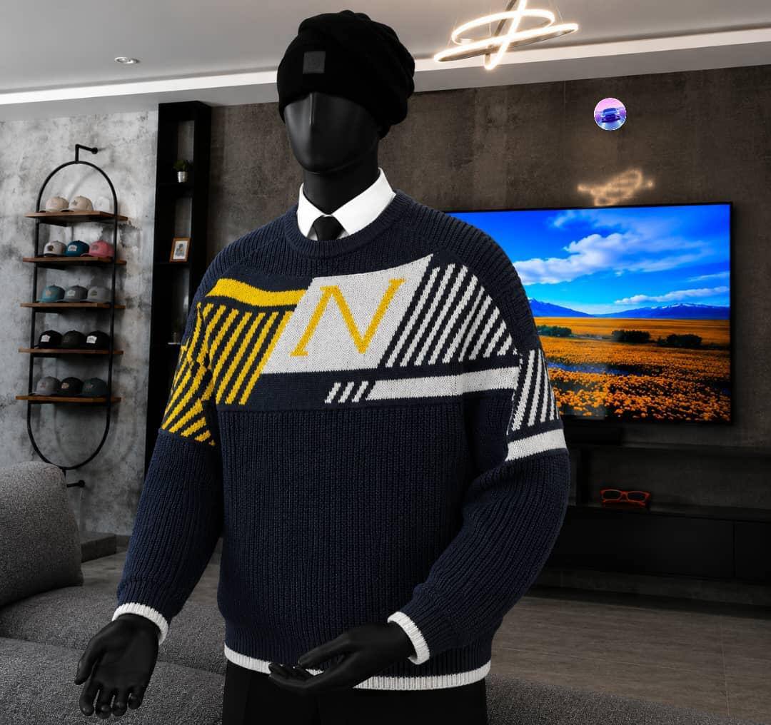 Men's Casual Crewneck Knit Sweaters - Abstract Geometric "N" Motif (Navy/Yellow/White)