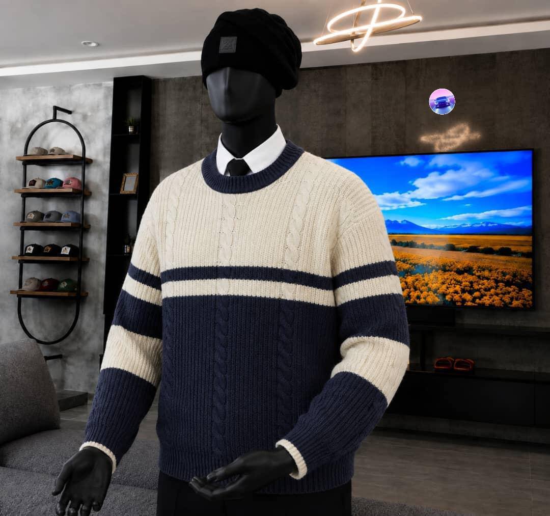 Men's Casual Crewneck Knit Sweaters - Colorblock Cable-Knit (Navy & Off-White)