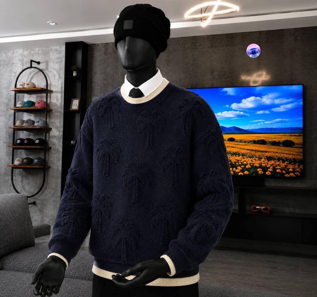 Men's Casual Crewneck Knit Sweaters - Textured Palm Tree Embossed (Dark Navy)