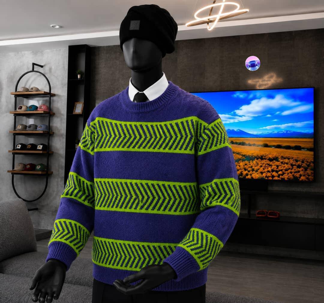 Men's Casual Crewneck Knit Sweaters - Chevron Stripe Knit (Purple & Lime Green)