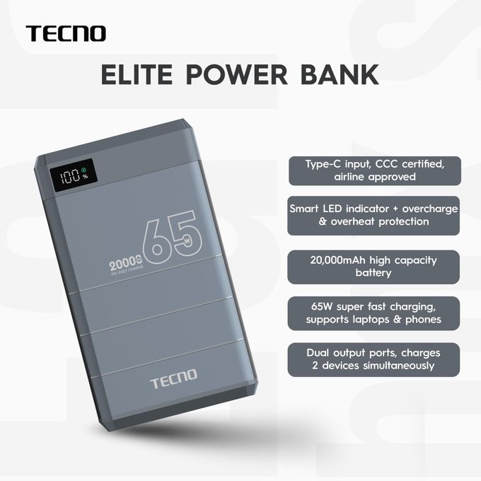 Tecno Elite Power Bank (20,000Mah, 65W Pd)
