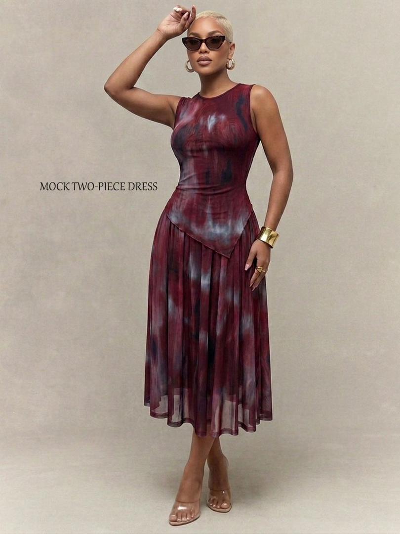 Women's Mesh Mock Two-Piece Abstract Midi Dress thumbnail 2