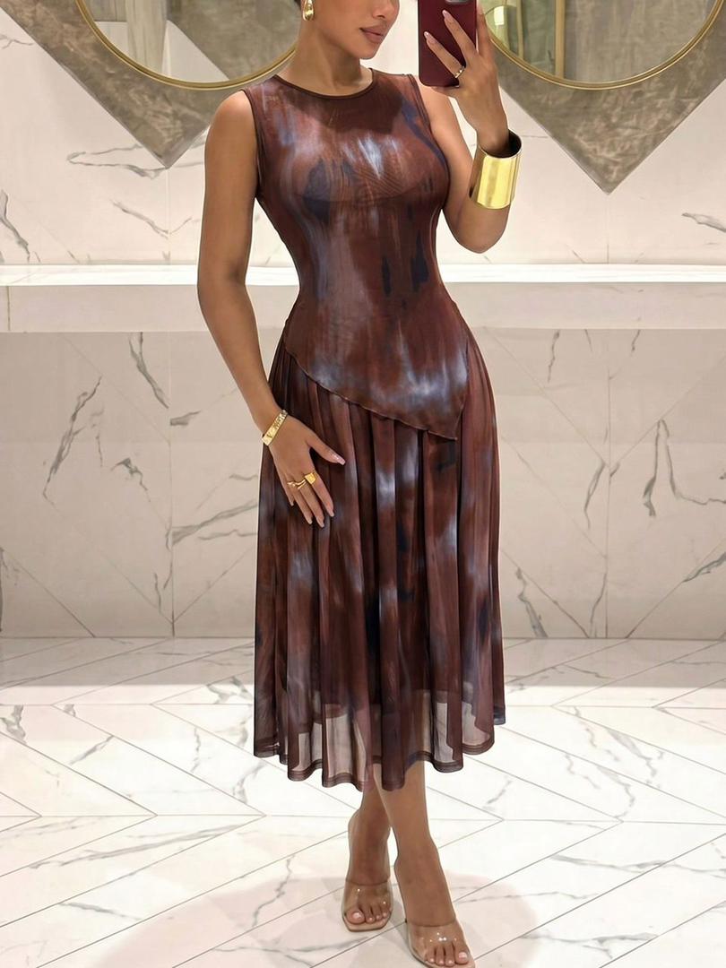 Women's Mesh Mock Two-Piece Abstract Midi Dress