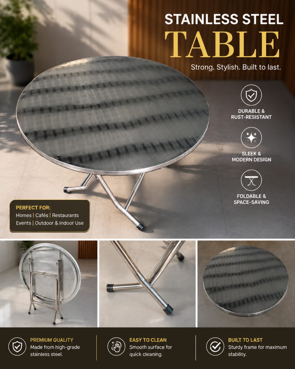 Premium Foldable Stainless Steel Round Dining & Bistro Table thumbnail 4