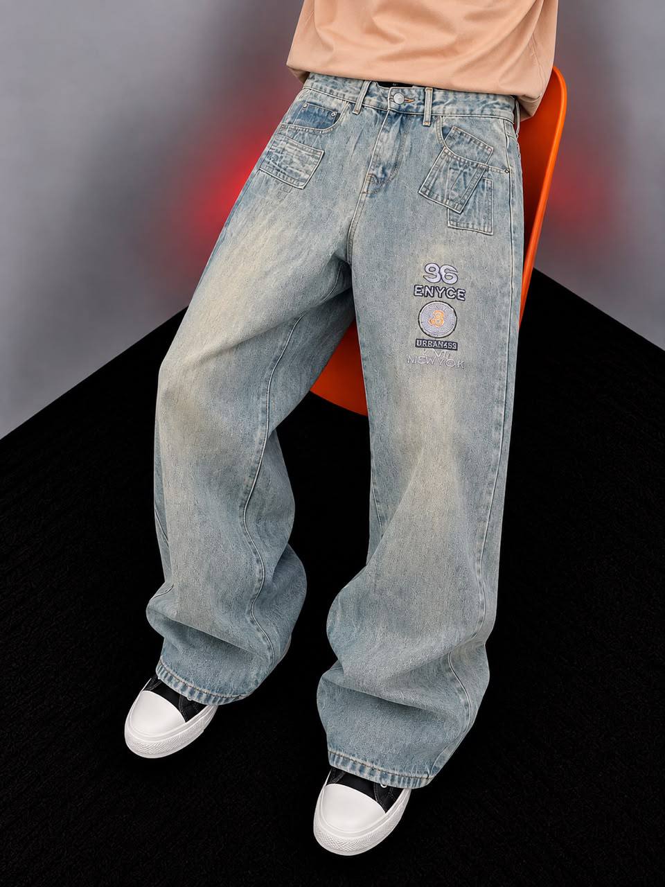 Men’s Loose Wide Leg Streetwear Baggy Jeans – Light Wash Starburst Print