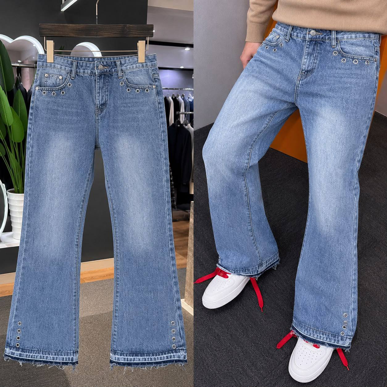 Y2K Letter Embroidery Men’s Baggy Denim Trousers – Light Wash Blue