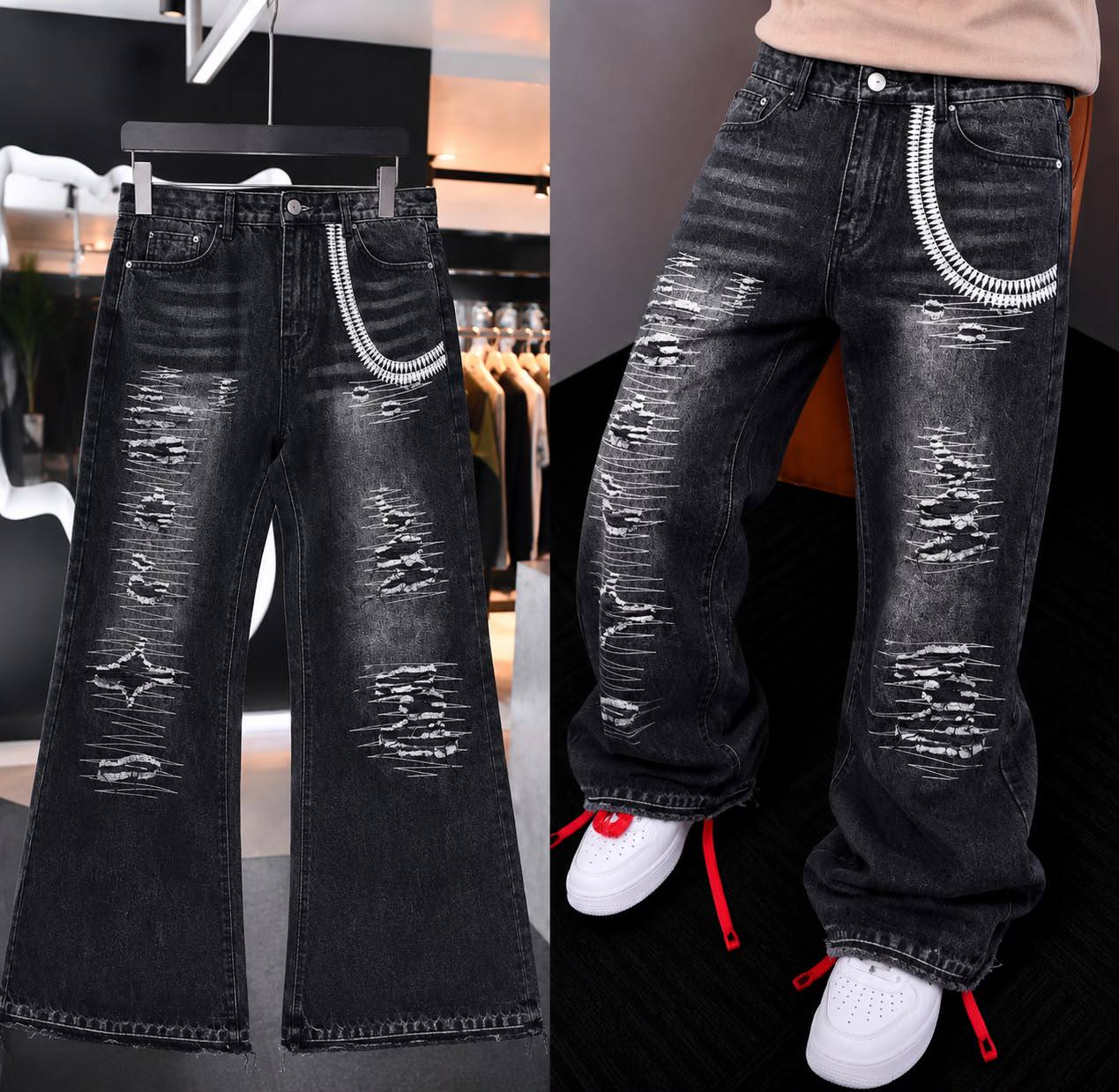 Men’s Wide Leg Loose Hip-Hop Jeans – Raw Edge Hem & Rear Graphic