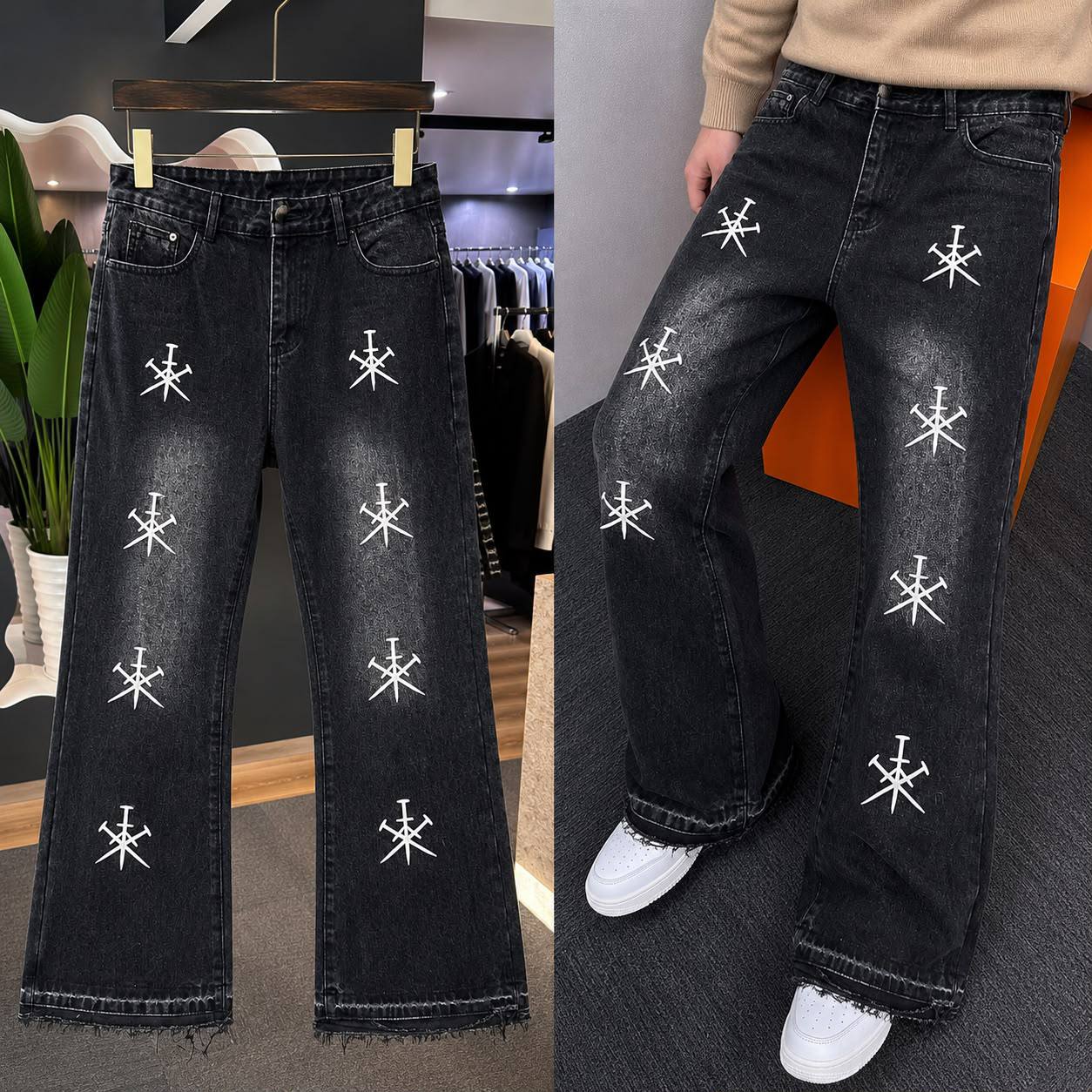 Men’s Washed Black Wide Leg Denim Jeans – White Cross & Symbol Graphic