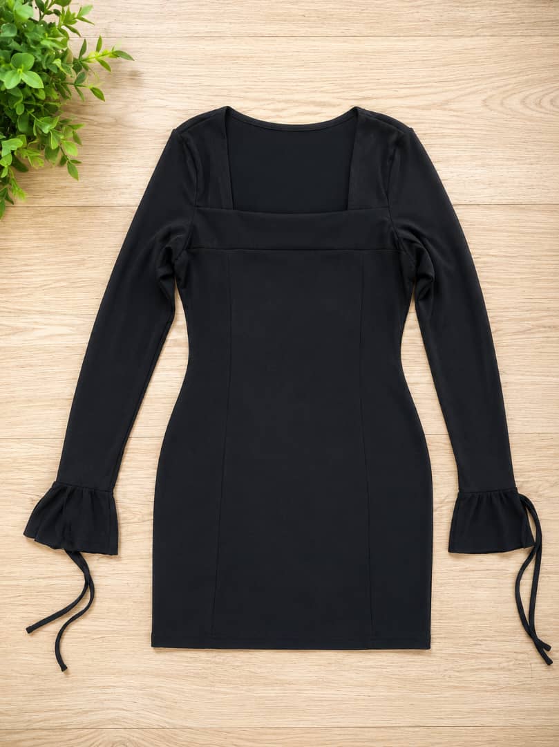 Women’s Black Square Neck Long Sleeve Mini Dress With Bell Cuffs & Tie Details