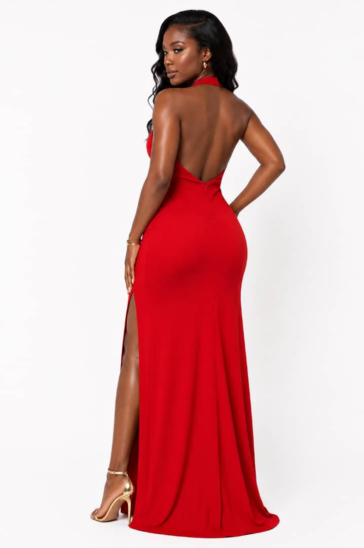 Women’s Red Halter V-Neck Backless Maxi Evening Gown With High Leg Slit