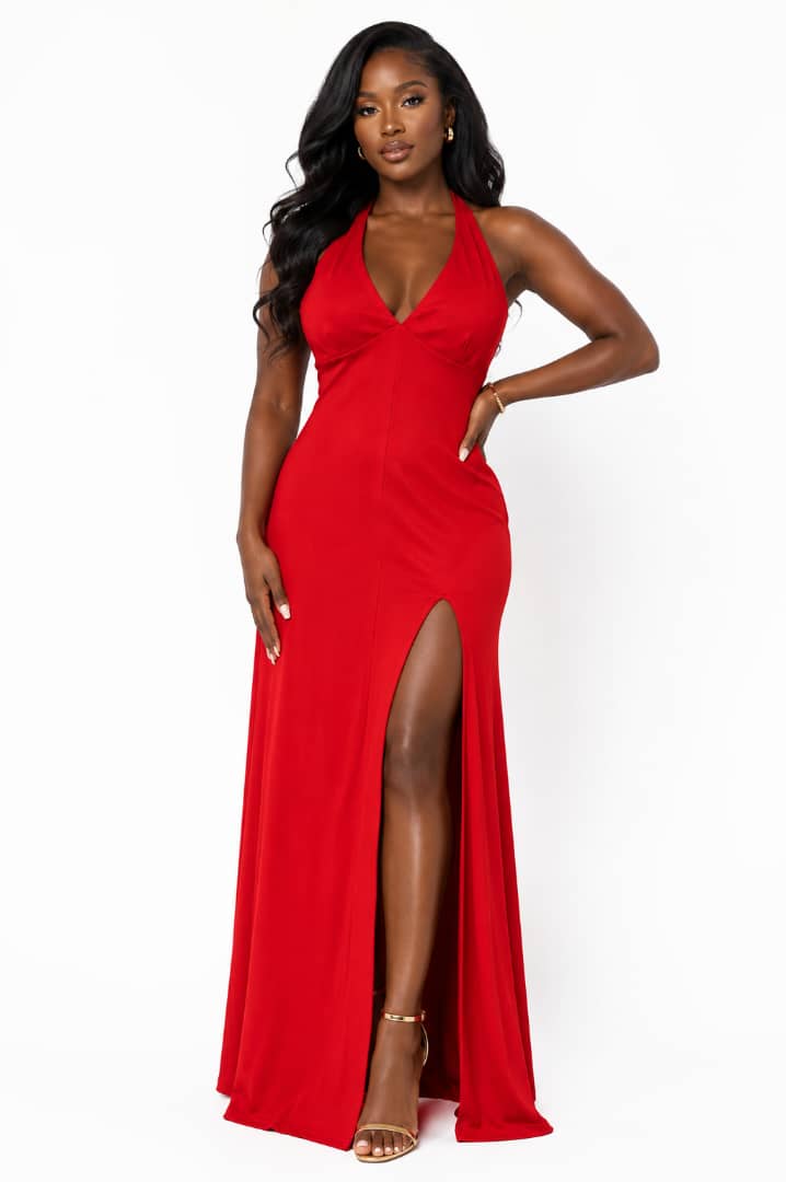 Women’s Red Halter V-Neck Backless Maxi Evening Gown With High Leg Slit thumbnail 2