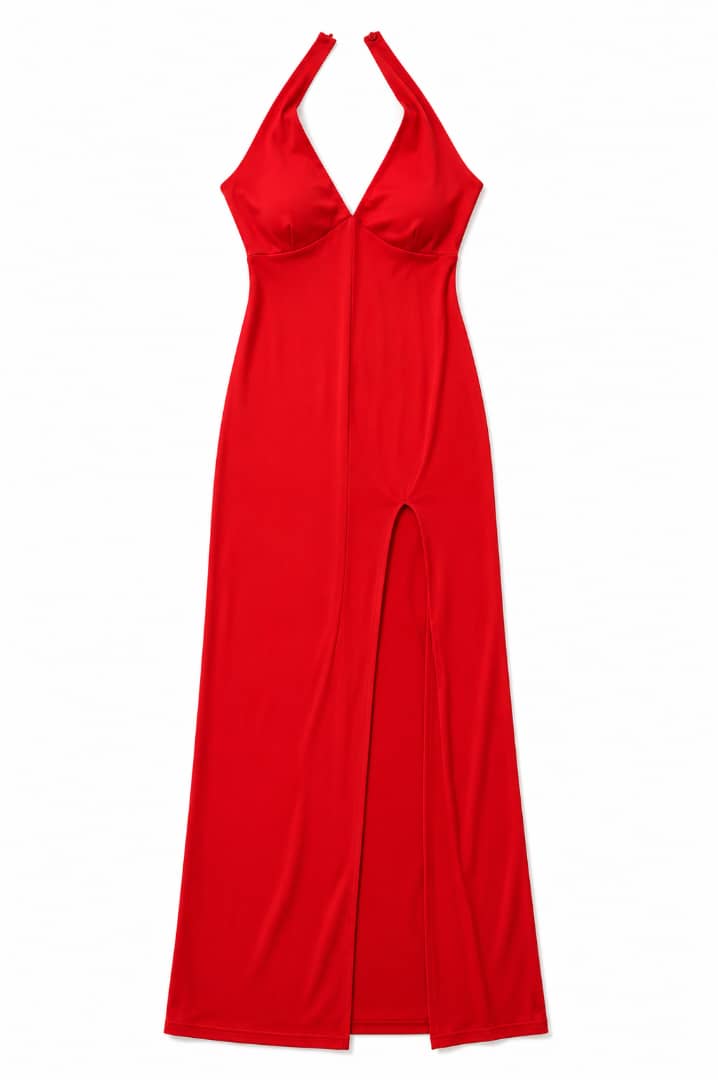 Women’s Red Halter V-Neck Backless Maxi Evening Gown With High Leg Slit thumbnail 3
