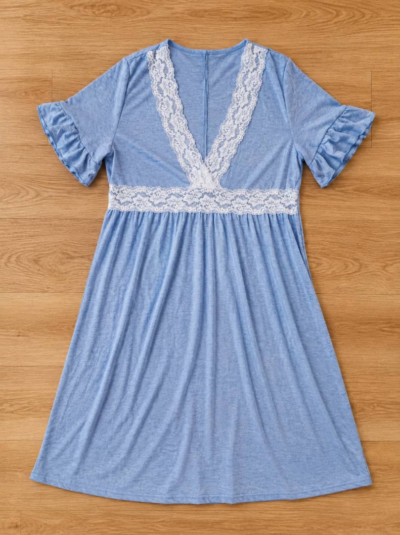 Women’s Light Blue V-Neck Short Ruffle Sleeve Nightgown With Floral Lace Trim thumbnail 2