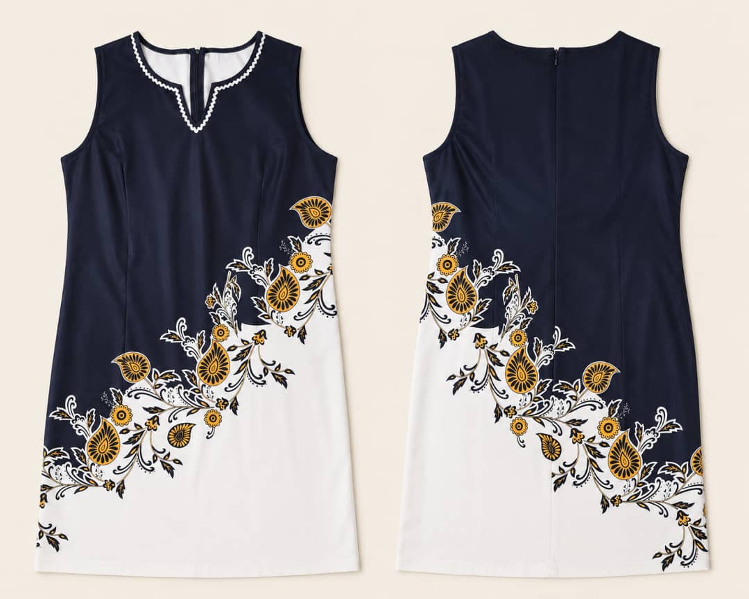 Women’s Sleeveless Navy Blue & White Paisley Floral Print Split Neck Shift Dress
