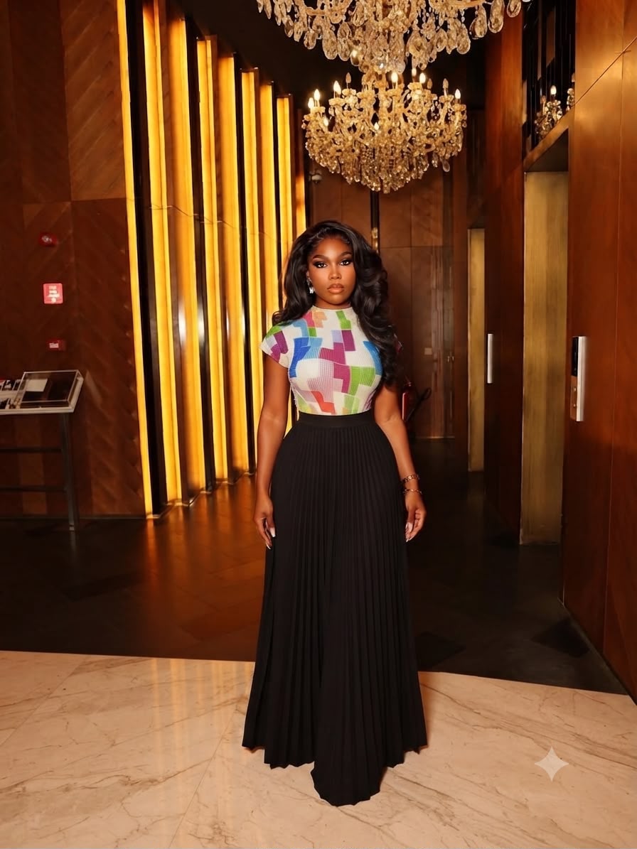 Women’s 2-Piece Colorful Geometric Top & Black Pleated Wide-Leg Trousers Set