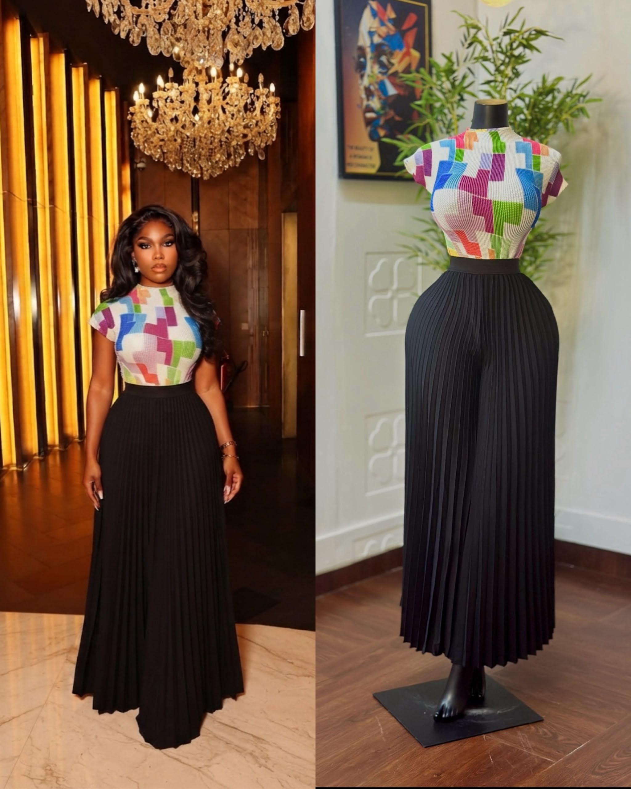 Women’s 2-Piece Colorful Geometric Top & Black Pleated Wide-Leg Trousers Set thumbnail 2