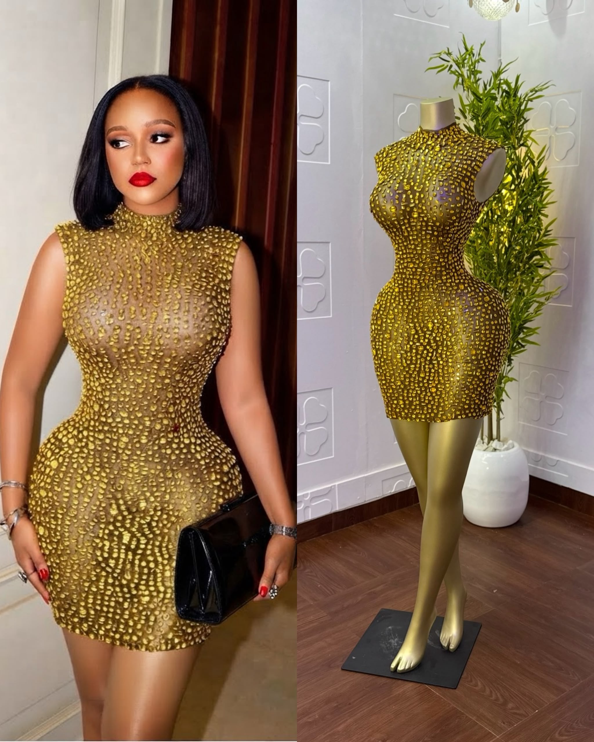 Women’s Rhinestone High-Neck Bodycon Mini Dress