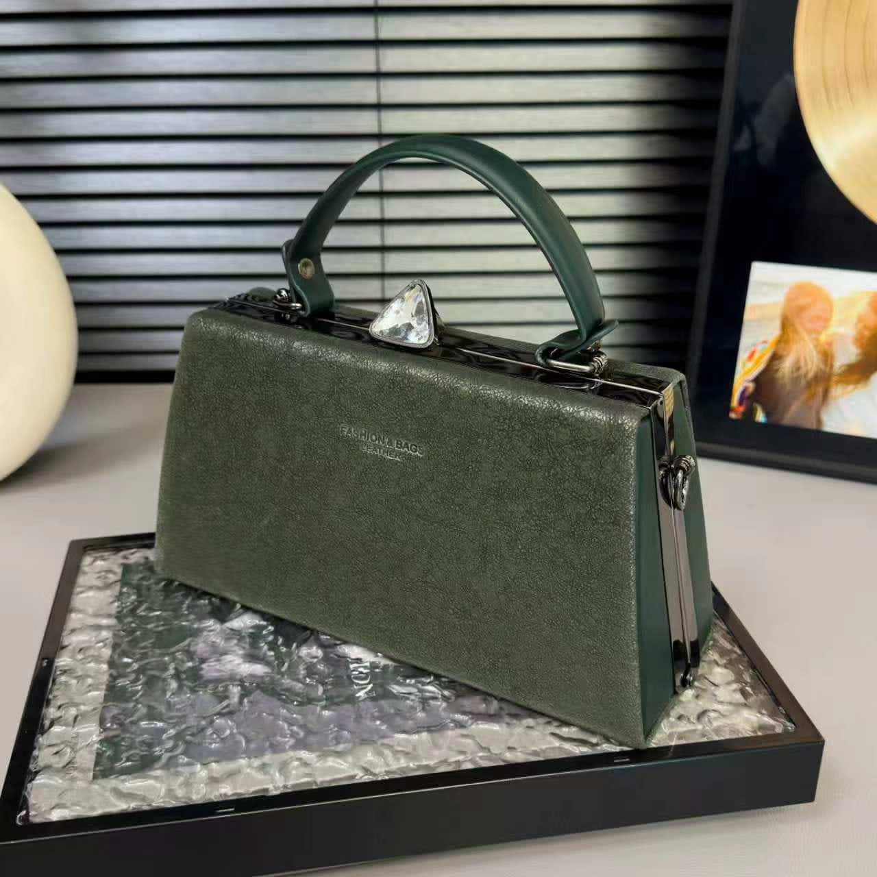 Elegant Textured Leather Frame Handbag With Crystal Clasp And Detachable Shoulder Strap thumbnail 5